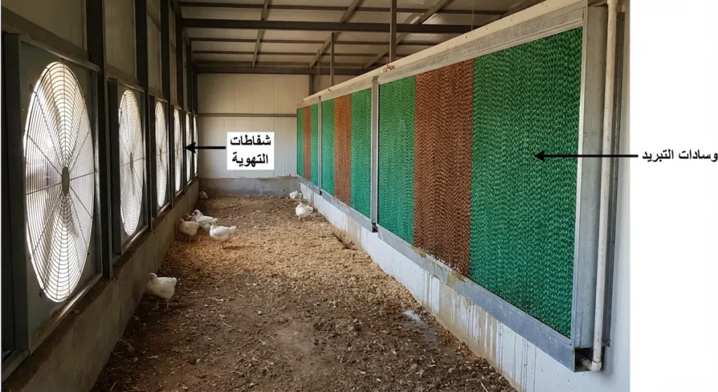 نظام التبريد التبخيري داخل عنبر دواجن يُظهر وسادات التبريد المبللة على جدار وشفاطات التهوية على الجدار المقابل