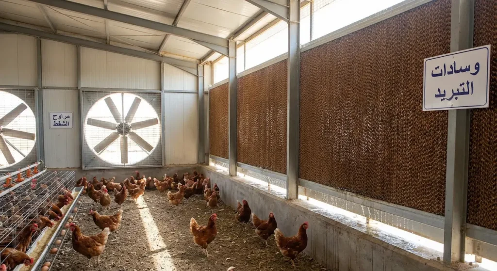 نظام التبريد التبخيري في عنبر دجاج بياض يظهر فيه وسادات التبريد المبللة ومراوح الشفط