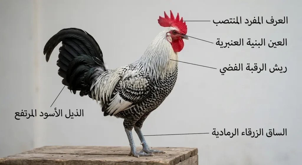 صورة تعليمية لديك فيومي مصري مع تسميات توضيحية تشير إلى العرف المفرد والعين العنبرية والريش الفضي والذيل الأسود والساق الزرقاء الرمادية