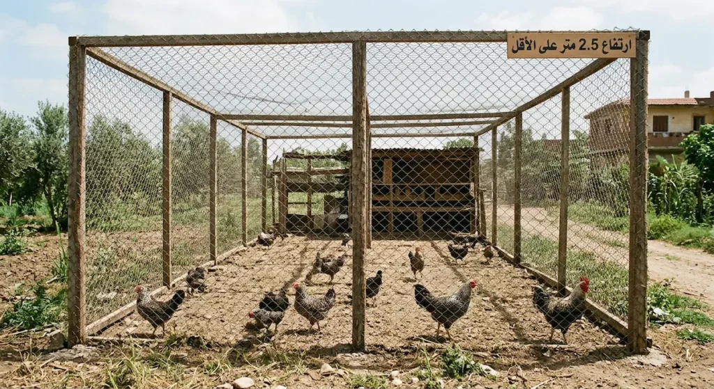  حظيرة دجاج فيومي مفتوحة محاطة بسياج شبكي مرتفع مع تسمية توضح أن الارتفاع المطلوب 2.5 متر على الأقل