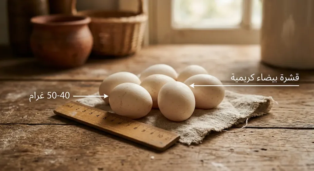  مجموعة من بيض دجاج الفيومي بلون أبيض كريمي في سلة قش مع تسمية توضح الوزن من 40 إلى 50 غراماً