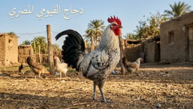 ديك فيومي مصري بالغ بريش فضي وأسود وعرف أحمر منتصب يقف في ساحة مزرعة ريفية مع كتابة عبارة دجاج الفيومي المصري