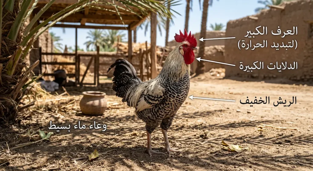 ديك فيومي في بيئة حارة مع تسميات توضح آليات تحمل الحرارة وهي العرف الكبير والدلايات والريش الخفيف