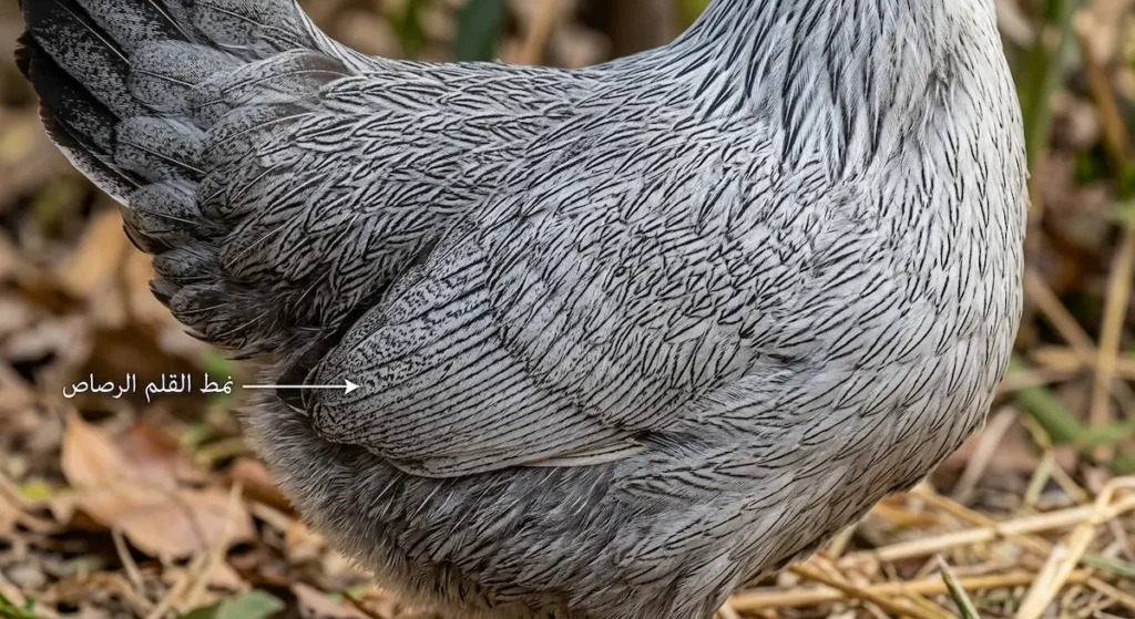 صورة مقربة لريش دجاجة فيومي تُظهر نمط القلم الرصاص المميز بخطوط سوداء متوازية على خلفية فضية