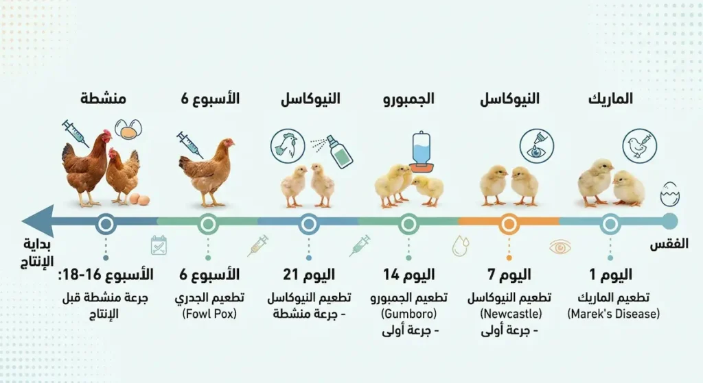 جدول زمني يوضح برنامج تطعيمات دجاج الفيومي من اليوم الأول حتى الأسبوع الثامن عشر شاملاً لقاحات الماريك والنيوكاسل والجمبورو والجدري
