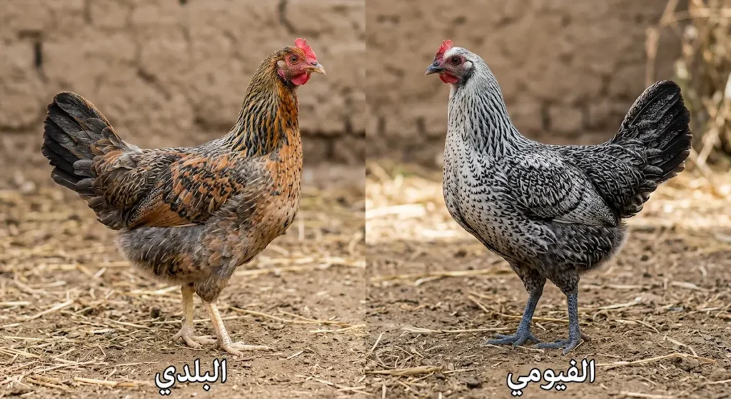  صورة مقارنة تُظهر دجاجة فيومي بريش منتظم وساق زرقاء على اليمين ودجاجة بلدية بريش متنوع على اليسار
