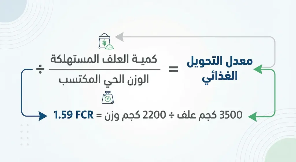 معادلة حساب معدل التحويل الغذائي FCR مع مثال تطبيقي يوضح القسمة