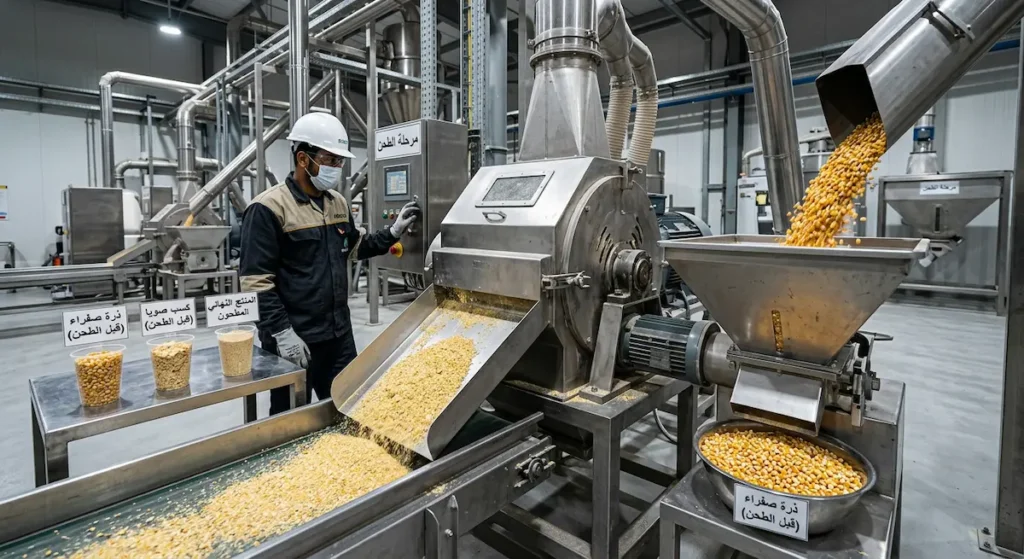 مطحنة أعلاف صناعية تطحن الذرة الصفراء وكسب الصويا داخل مصنع أعلاف نظيف