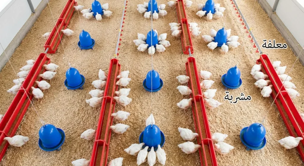  منظر علوي لأرضية عنبر دواجن يُظهر توزيعاً منتظماً للمعالف الحمراء والمشارب الزرقاء بالتناوب مع دجاج لاحم أبيض