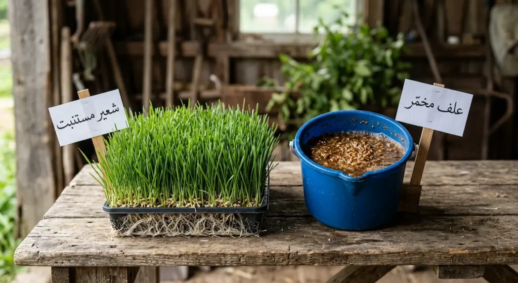 برميل بلاستيكي يحتوي على علف مخمّر رطب بجانب صينية شعير مستنبت أخضر بجذور بيضاء متشابكة على طاولة خشبية