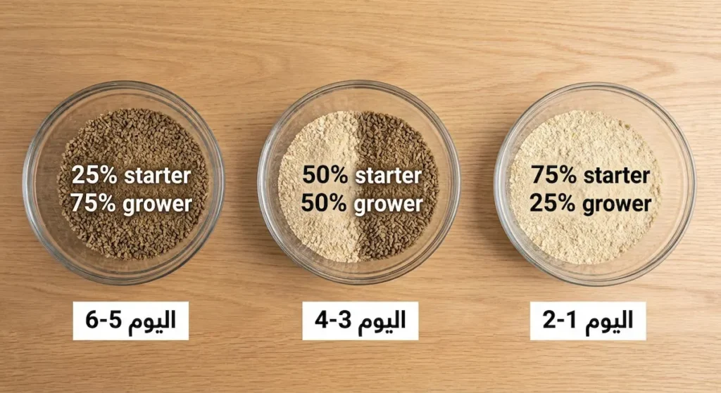 ثلاثة أوعية شفافة تُظهر نسب خلط العلف البادئ والنامي تدريجياً من اليمين إلى اليسار خلال أيام الانتقال