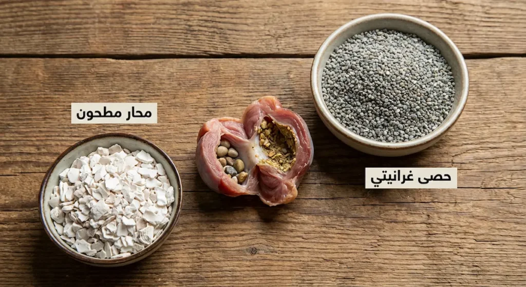 وعاء حصى غرانيتي رمادي ووعاء محار مطحون أبيض بجانب قانصة دجاج مفتوحة تُظهر الحصيات بداخلها على سطح طاولة خشبية