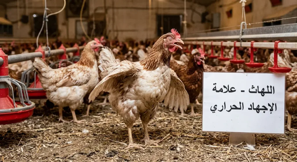  دجاجة بياض تعاني من الإجهاد الحراري تظهر عليها علامات اللهاث مع فتح المنقار ورفع الجناحين