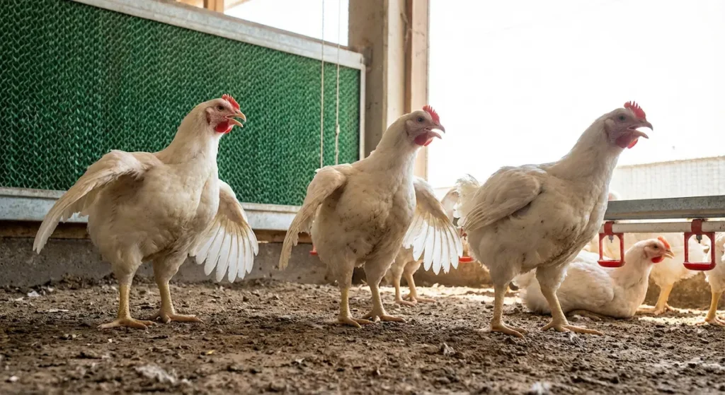 دجاجات بيضاء تلهث بمناقير مفتوحة وأجنحة مبسوطة داخل حظيرة حارة مع نظام تبريد تبخيري في الخلفية