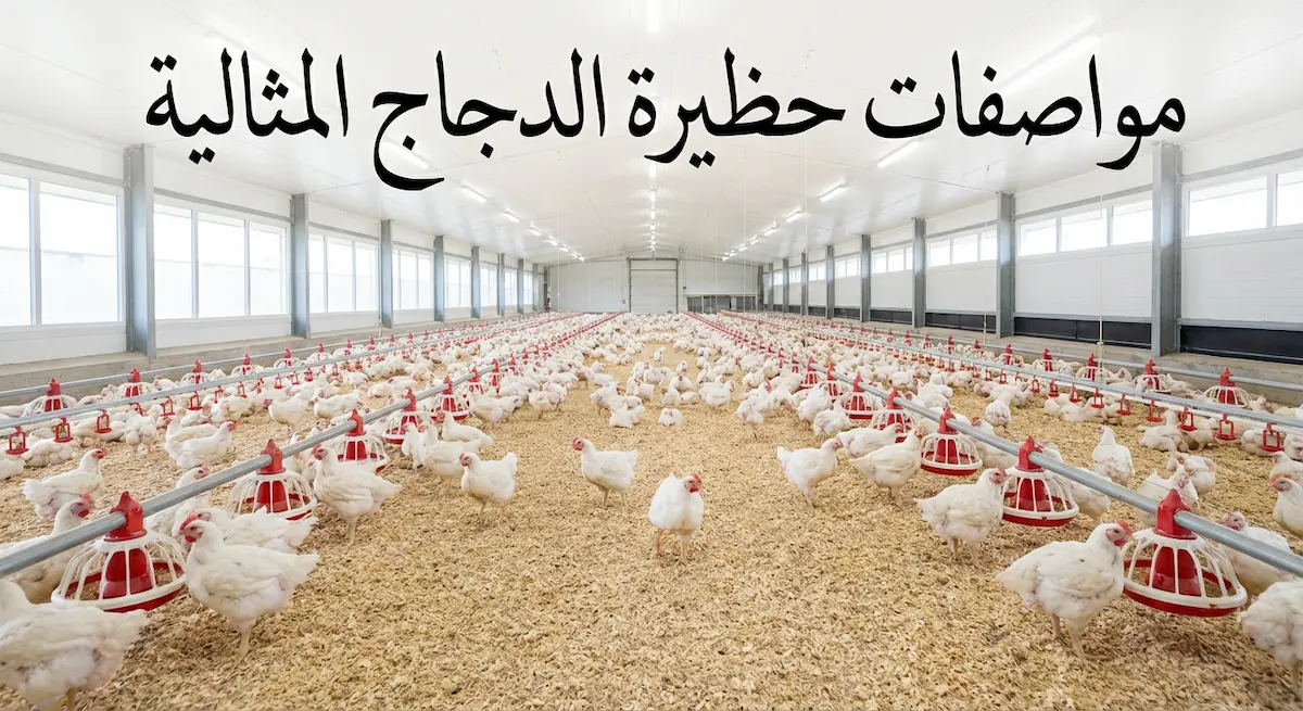 صورة غلاف تُظهر عنبر دواجن حديث من الداخل مع دجاج أبيض موزع بانتظام ومعالف ومشارب وإضاءة LED ونص عربي يقول مواصفات حظيرة الدجاج المثالية