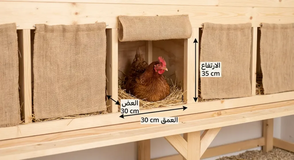 عش دجاج بياض خشبي بأبعاد 30 سم عرض و30 سم عمق و35 سم ارتفاع مع دجاجة بنية جالسة بداخله