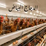 عنبر حديث لتربية الدجاج البياض يظهر فيه دجاج بني صحي داخل أقفاص بطاريات نظيفة مع بيض طازج في مجرى الجمع