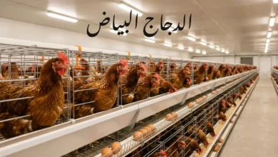 عنبر حديث لتربية الدجاج البياض يظهر فيه دجاج بني صحي داخل أقفاص بطاريات نظيفة مع بيض طازج في مجرى الجمع