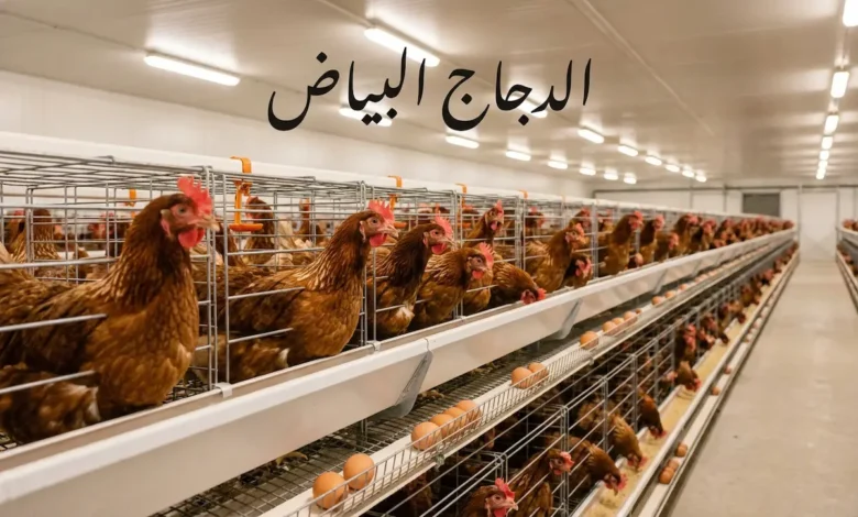 عنبر حديث لتربية الدجاج البياض يظهر فيه دجاج بني صحي داخل أقفاص بطاريات نظيفة مع بيض طازج في مجرى الجمع