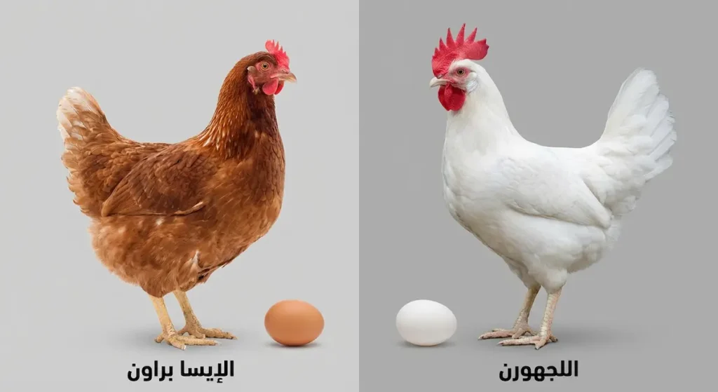 مقارنة بين دجاجة بيضاء من سلالة اللجهورن ودجاجة بنية من سلالة الإيسا براون مع بيضة أمام كل منهما بلونها المميز