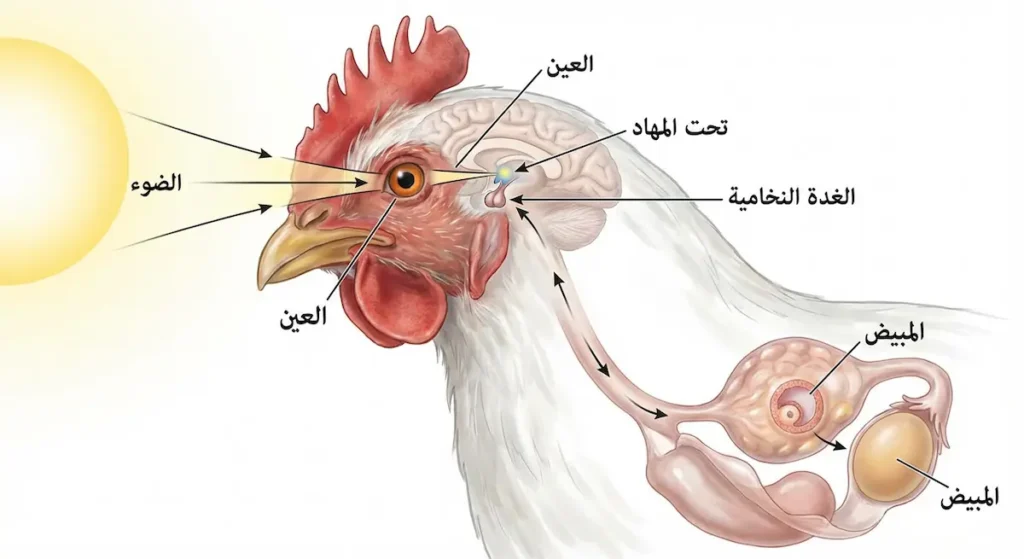 رسم توضيحي علمي يوضح مسار تأثير الضوء من العين إلى تحت المهاد ثم الغدة النخامية فالمبيض في الدجاجة