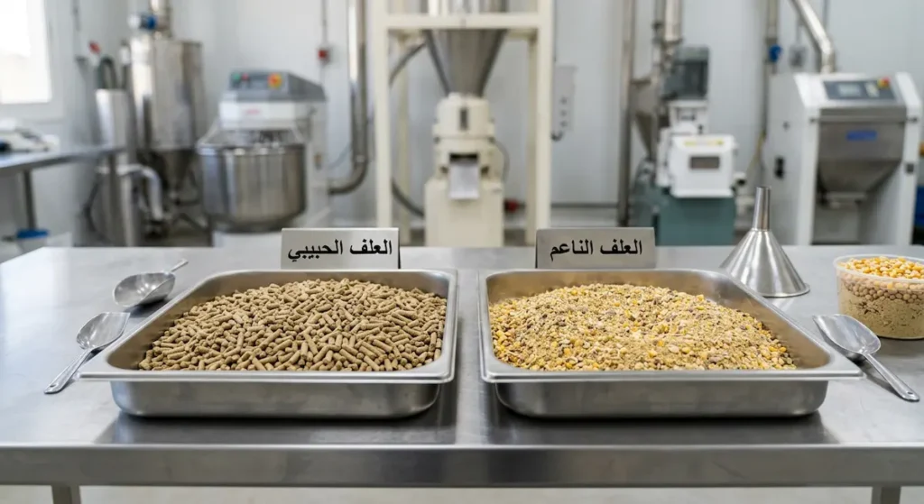 صورة مقارنة واقعية بين العلف الناعم والعلف الحبيبي داخل أوعية معدنية في بيئة تصنيع أعلاف نظيفة
