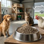 غلاف واقعي يظهر العلف الحبيبي مع دجاج تسمين وكلب وقط في بيئة نظيفة مع كتابة العلف الحبيبي على الصورة