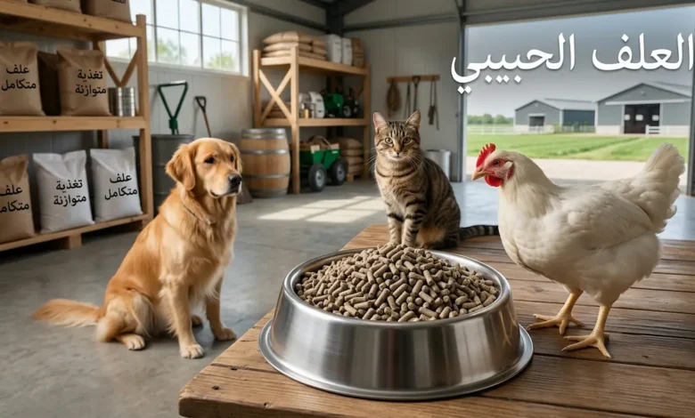 غلاف واقعي يظهر العلف الحبيبي مع دجاج تسمين وكلب وقط في بيئة نظيفة مع كتابة العلف الحبيبي على الصورة