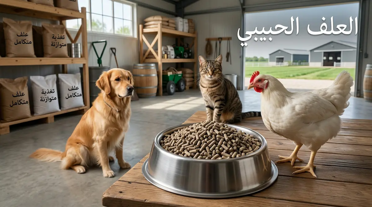 غلاف واقعي يظهر العلف الحبيبي مع دجاج تسمين وكلب وقط في بيئة نظيفة مع كتابة العلف الحبيبي على الصورة