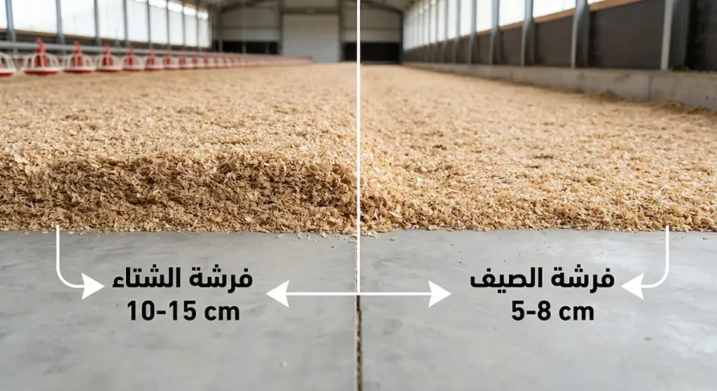 مقارنة بين سماكة فرشة نشارة الخشب في الصيف من 5 إلى 8 سم وفي الشتاء من 10 إلى 15 سم