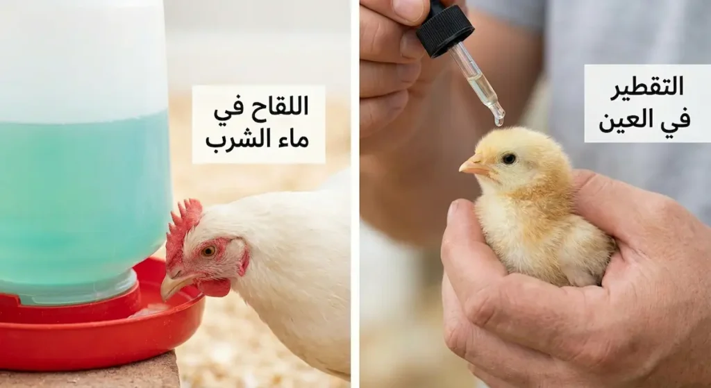 طريقتان لتطعيم الدجاج الأبيض: التقطير في العين وإضافة اللقاح في ماء الشرب