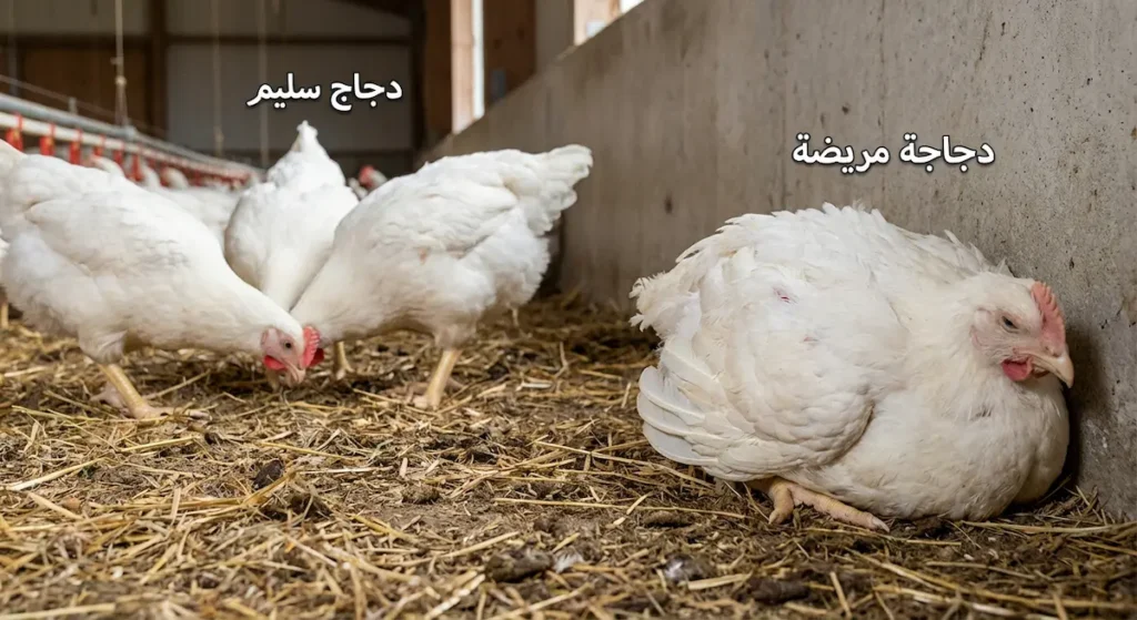 مقارنة بين دجاجة مريضة منزوية بريش منفوش وأجنحة متدلّية ودجاج سليم نشط يأكل ويتحرّك بشكل طبيعي داخل عنبر دواجن