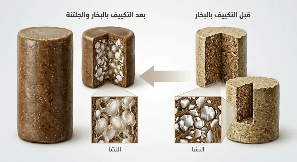 رسم علمي يوضح جلتنة النشا داخل العلف الحبيبي قبل التكييف بالبخار وبعده