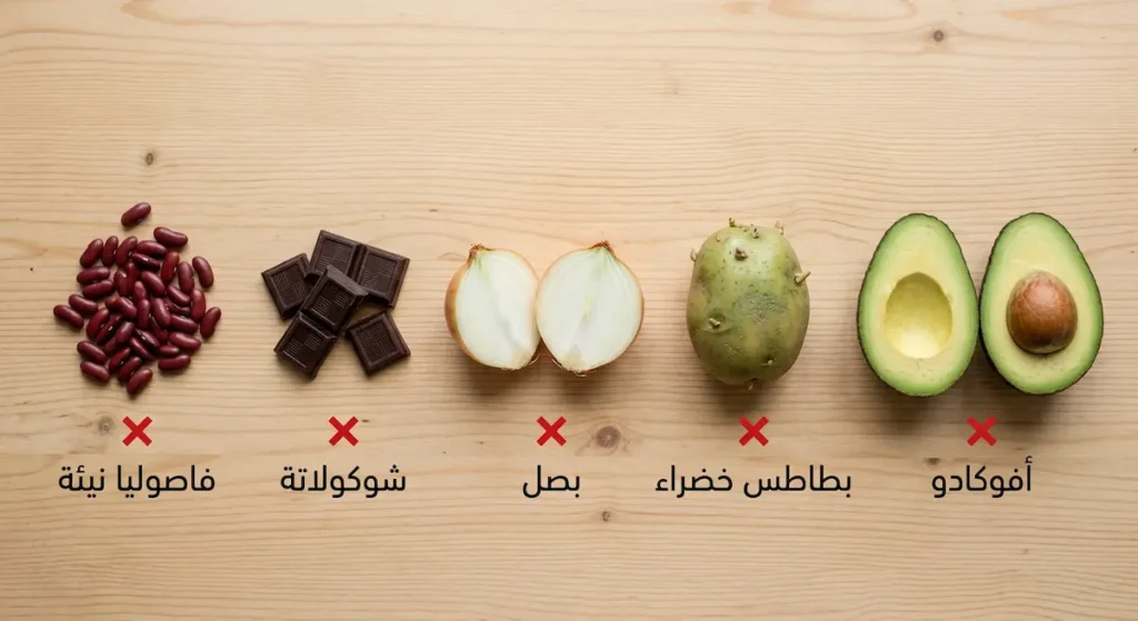 خمسة أطعمة ممنوعة على الدجاج مرتبة على طاولة وهي الأفوكادو والبطاطس الخضراء والبصل والشوكولاتة والفاصوليا النيئة مع علامة تحذير حمراء