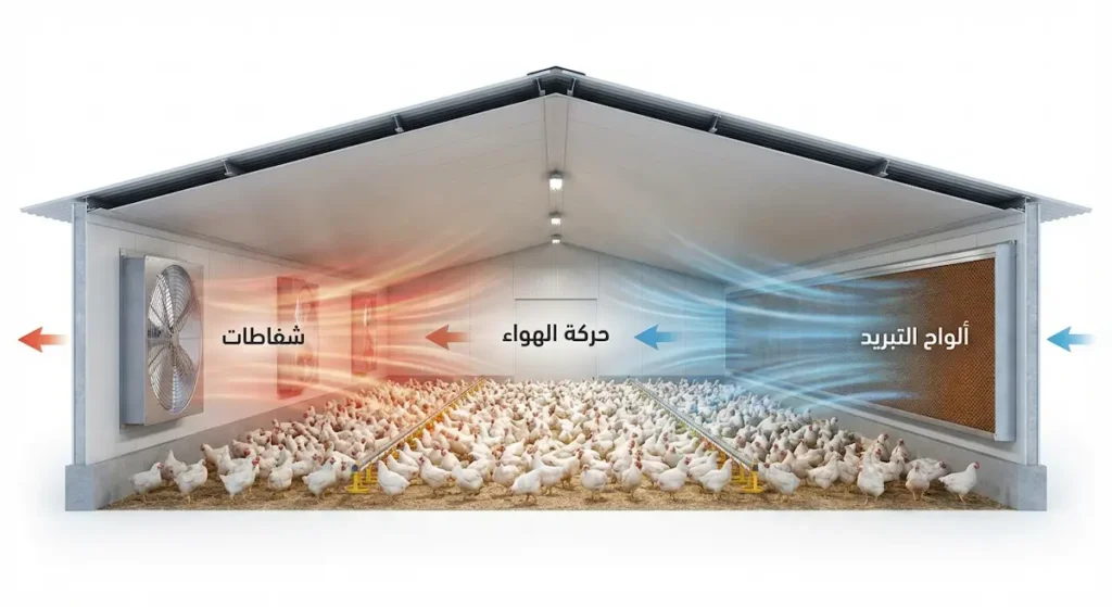 مقطع طولي لعنبر دواجن مغلق يُظهر ألواح التبريد التبخيري على اليمين والشفاطات على اليسار مع توضيح حركة الهواء من اليمين إلى اليسار