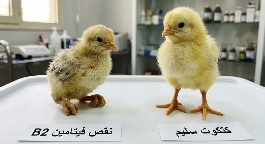 كتكوت سليم بريش لامع وأصابع ممدودة بجانب كتكوت يعاني من التفاف أصابع القدم بسبب نقص فيتامين B2