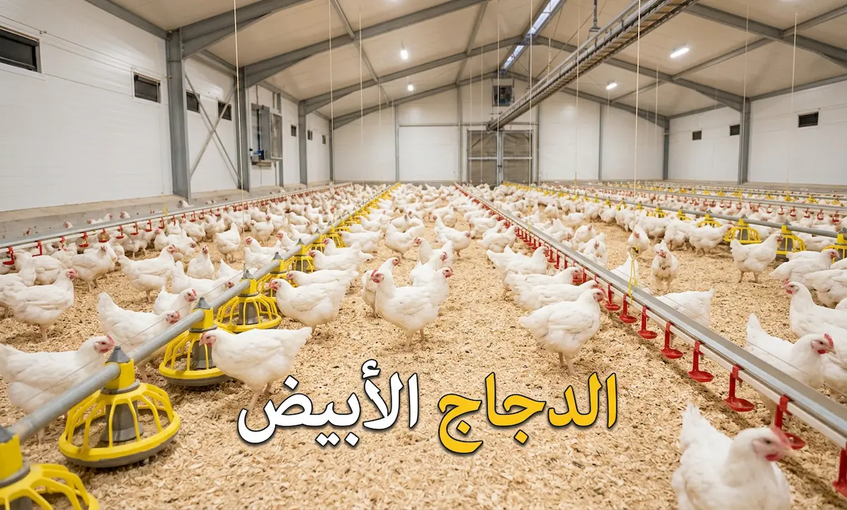 دجاج أبيض لاحم في عنبر تربية حديث مع نص "الدجاج الأبيض" كغلاف للمقالة