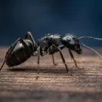 نملة معروضة كنموذج رقمي ثلاثي الأبعاد فائق الدقة على خلفية داكنة تُظهر تفاصيل هيكلها الخارجي وأطرافها وقرون استشعارها بوضوح مذهل