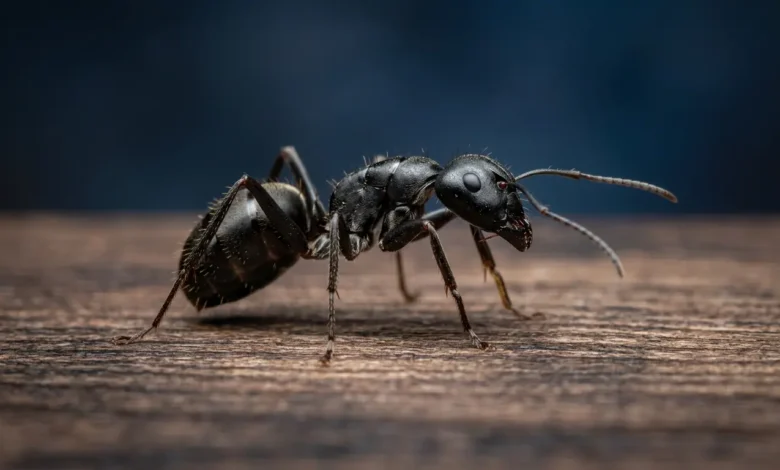 نملة معروضة كنموذج رقمي ثلاثي الأبعاد فائق الدقة على خلفية داكنة تُظهر تفاصيل هيكلها الخارجي وأطرافها وقرون استشعارها بوضوح مذهل