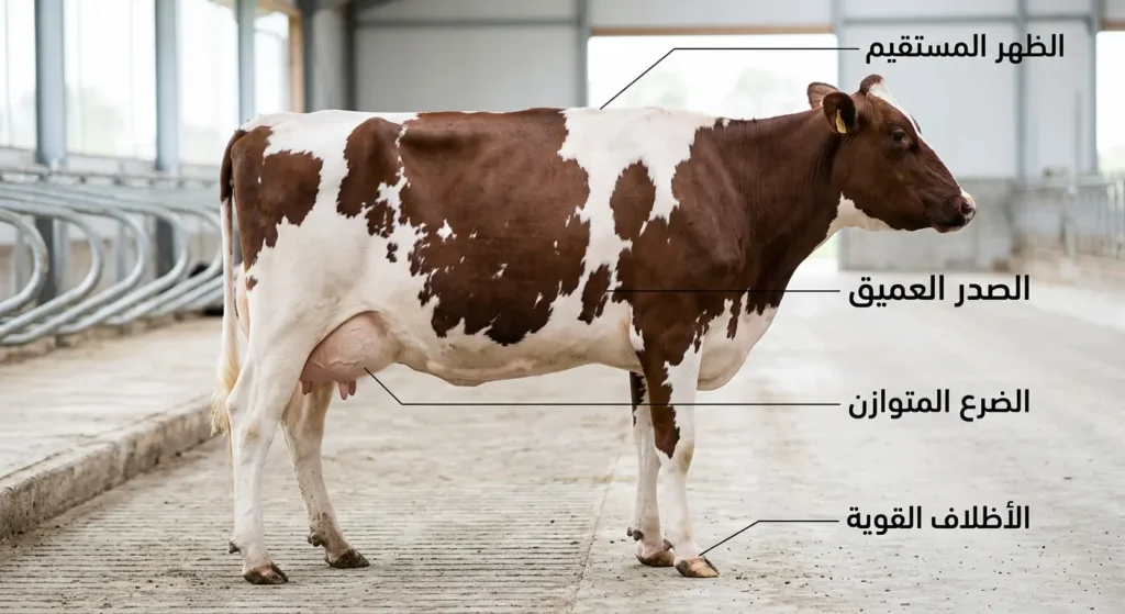 صورة جانبية واقعية لبقرة أيرشاير بالغة تُظهر البنية الجسدية المتوازنة والضرع المتماسك والأظلاف القوية داخل حظيرة حديثة
