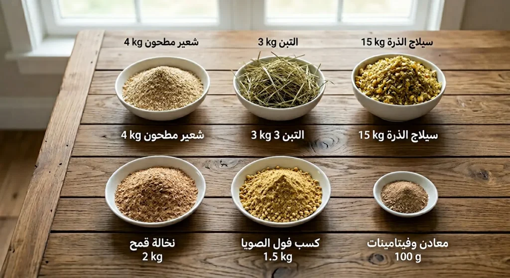 عرض واقعي لمكونات العليقة المثالية لبقرة أيرشاير تشمل سيلاج الذرة والتبن والشعير ونخالة القمح وكسب فول الصويا والمعادن