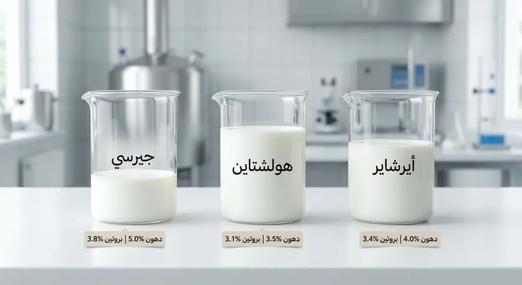 مقارنة واقعية بين مكونات حليب أبقار أيرشاير وهولشتاين وجيرسي من حيث نسبة الدهون والبروتين في بيئة مختبرية