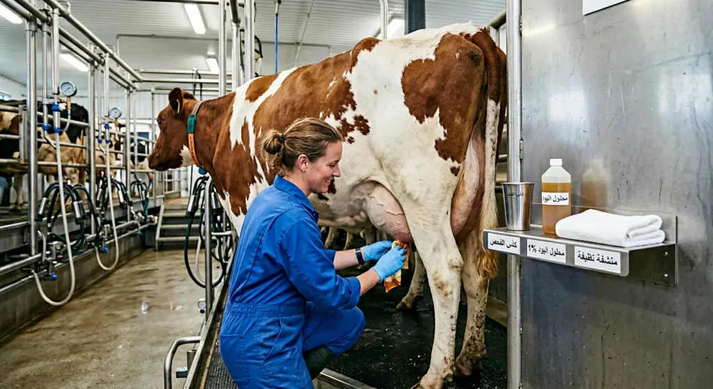 مربٍ يُطبق بروتوكول الوقاية من التهاب الضرع على بقرة أيرشاير داخل صالة حلب حديثة باستخدام محلول اليود وكأس الفحص