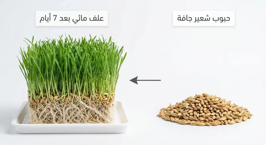 مقارنة بصرية بين حبوب الشعير الجافة على اليمين وقطعة من العلف المائي الأخضر النضر على اليسار.