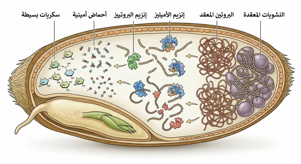 رسم علمي لمقطع عرضي في حبة شعير نامية يوضح تحول النشويات والبروتينات إلى سكريات بسيطة وأحماض أمينية بفعل الإنزيمات.