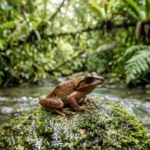 ضفدع بني صغير ذو نتوءات شبيهة بالأنياب على فكه يجلس على صخرة رطبة بجانب جدول ماء في غابة بورنيو المطيرة الاستوائية