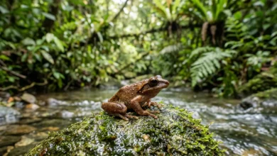ضفدع بني صغير ذو نتوءات شبيهة بالأنياب على فكه يجلس على صخرة رطبة بجانب جدول ماء في غابة بورنيو المطيرة الاستوائية