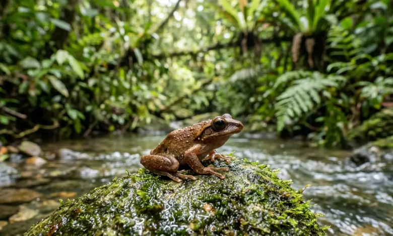 ضفدع بني صغير ذو نتوءات شبيهة بالأنياب على فكه يجلس على صخرة رطبة بجانب جدول ماء في غابة بورنيو المطيرة الاستوائية