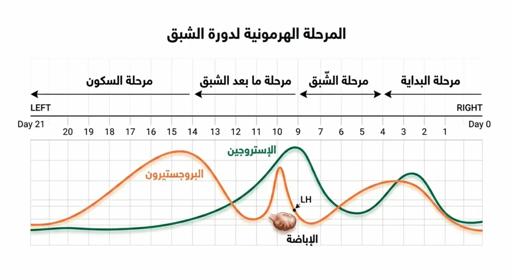  رسم بياني توضيحي يوضح التغيرات الهرمونية خلال دورة الشبق في الأبقار على مدار 21 يوماً مع مستويات الإستروجين والبروجستيرون