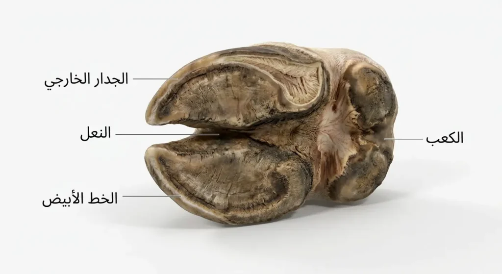 مقطع تشريحي واقعي لظلف بقرة يوضح الجدار الخارجي والنعل والخط الأبيض والكعب مع تسميات عربية